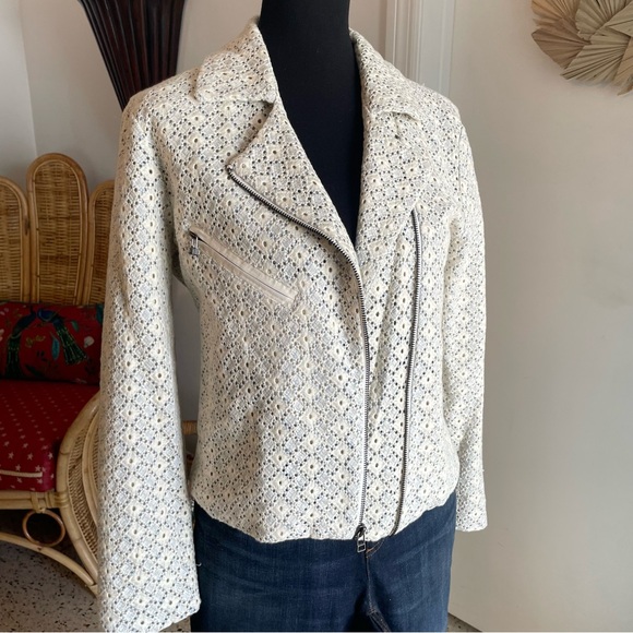 DOLAN Anthropologie Ivory Blue Eyelet Ross MOTO Cotton Jacket! Excellent. Medium - Picture 4 of 15